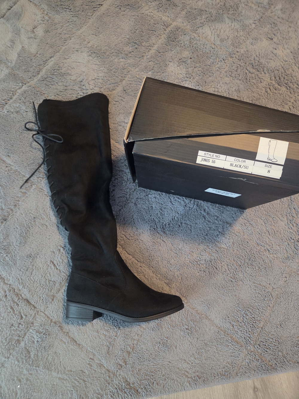 FN JONES 55 Black Knee-High Suede Boot with Back Tie